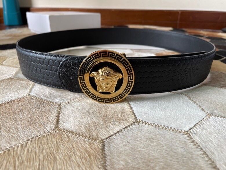 Versace Hollow hanging buckle men s black leather belt 3.8cm