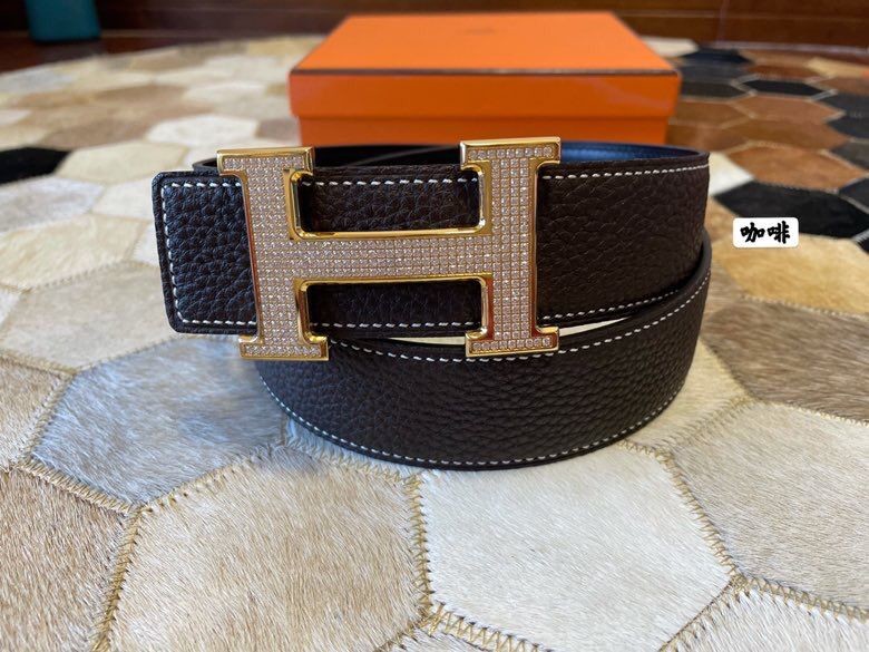 Hermes Stainless Steel Full Rhinestone Reversible Leather Men s 3.8cm Belt