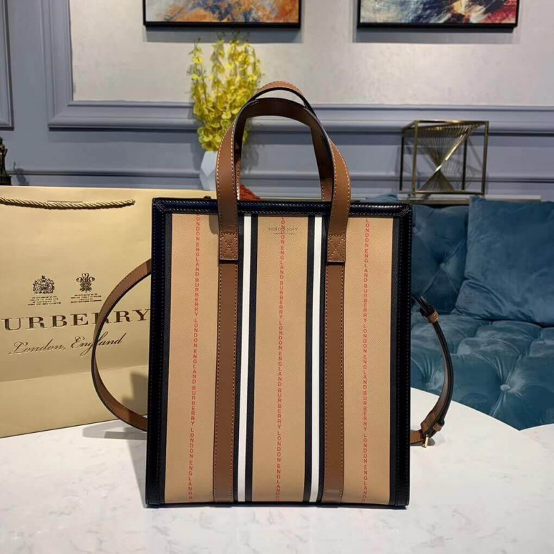 Burberry Logo and Stripe E-canvas Portrait Tote Bag 80224761