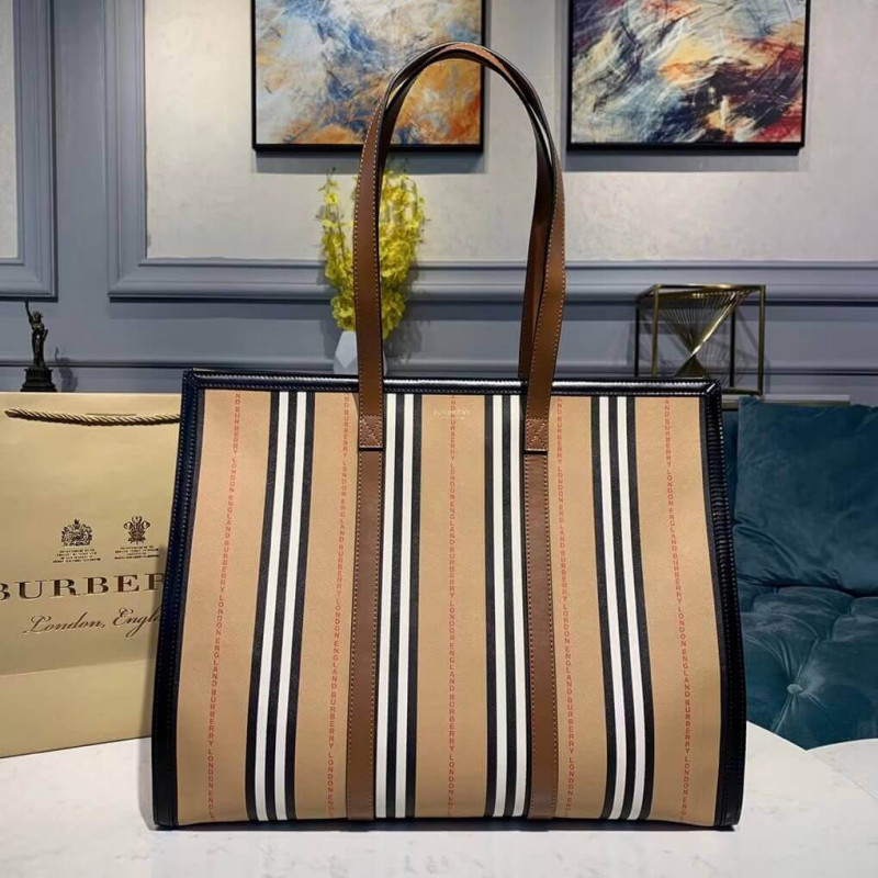 Burberry Logo and Stripe E-canvas Portrait Tote Bag 80223771