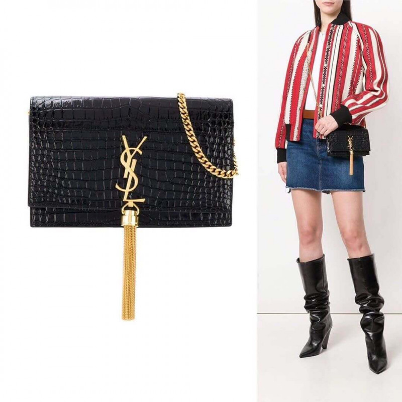 YSL Saint Laurent Kate Chain Wallet With Tassel In Crocodile Embossed Leather 452159