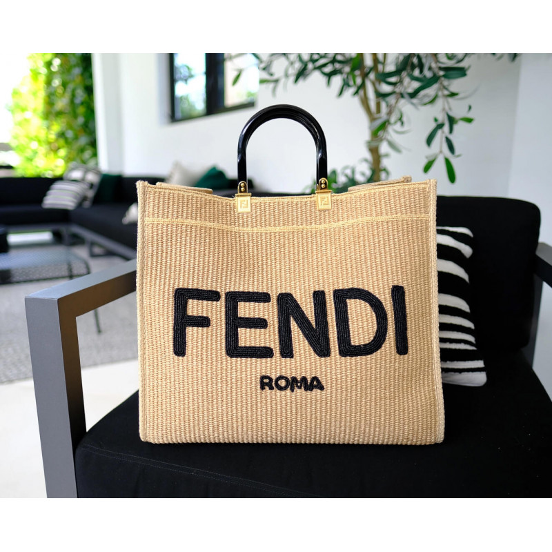 Fendi Sunshine Large Shopper Woven Raffia Tote 8BH372 Beige