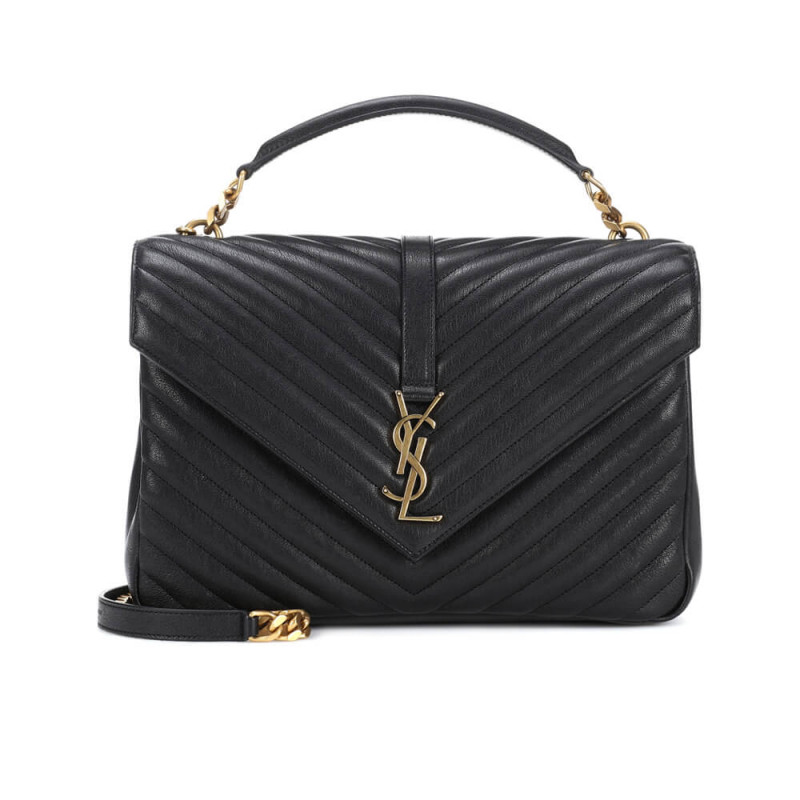 YSL Saint Laurent Sheepskin Matelasse Chevron Monogram Large College Satchel 392738 Black