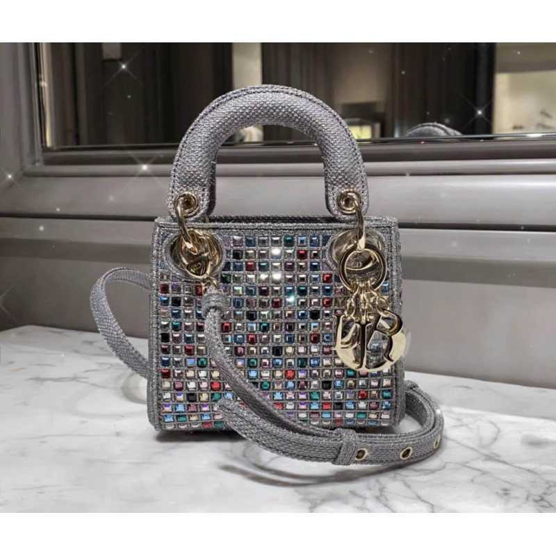 Micro Lady Dior Bag Dark Grey Metallic Canvas Embroidered with Multicolor Crystals S0856