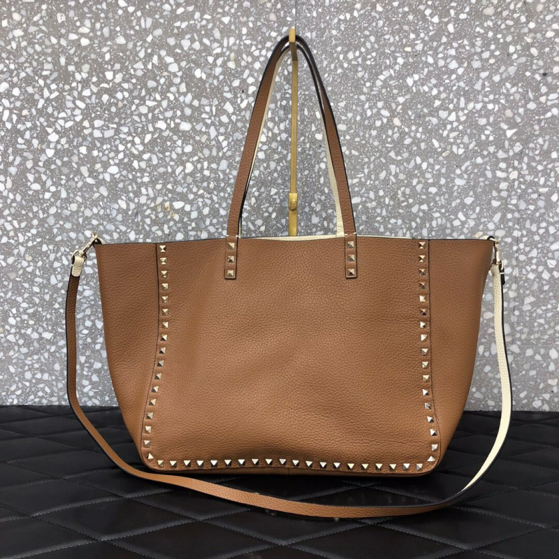 Valentino Garavani Medium Double Rockstud Reversible Tote Bag 0067J Brown/White