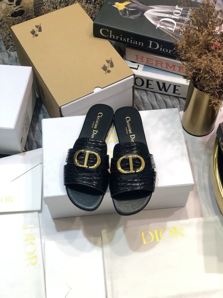 Dior CD Letter Metal Logo Flat Hollow Sandals Round Toe Thick Heel Jelly Slippers