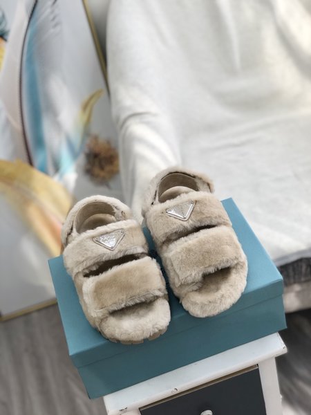 Prada Triangle Logo Furry Slipper Sandals