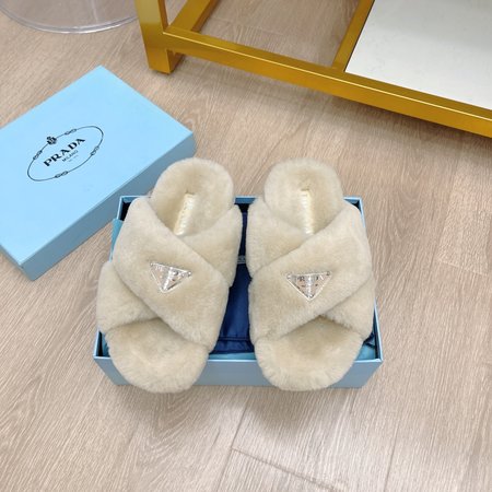 Prada Triangle Button Cross Sheep Fur Slippers