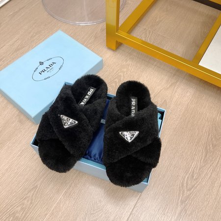 Prada Triangle Button Cross Sheep Fur Slippers