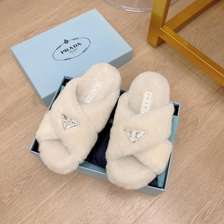 Prada Triangle Button Cross Sheep Fur Slippers