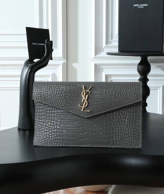 Yves Saint Laurent YSL Uptown Clutch Grey Crocodile Embossed 565739