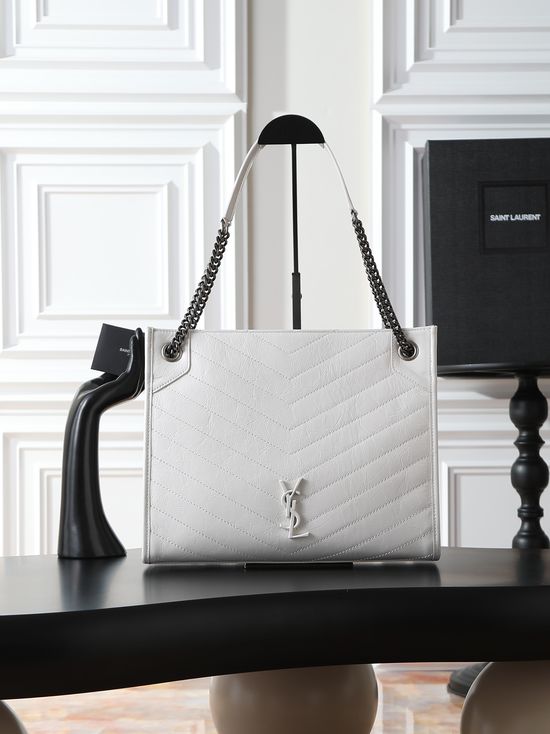 Yves Saint Laurent Niki Shopping Bag White Silver Buckle 577999