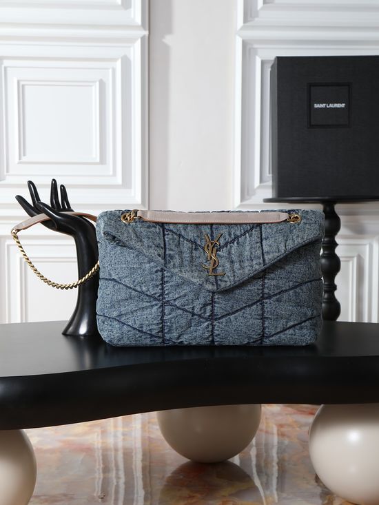 Yves Saint Laurent Loulou Puffer Denim Gold Buckle Bag 577475-1