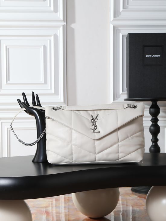 Yves Saint Laurent Loulou Puffer White Silver Buckle Lambskin Bag 577475-1