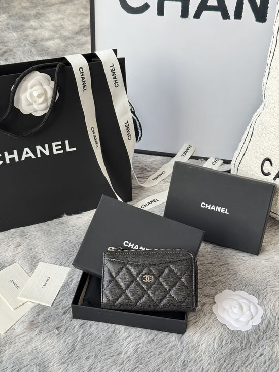 Chanel Wallet Caviar Leather Single Zip Card Holder A3179