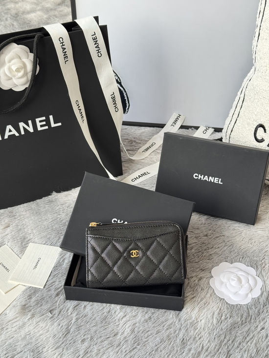Chanel Wallet Caviar Leather Single Zip Card Holder A3179