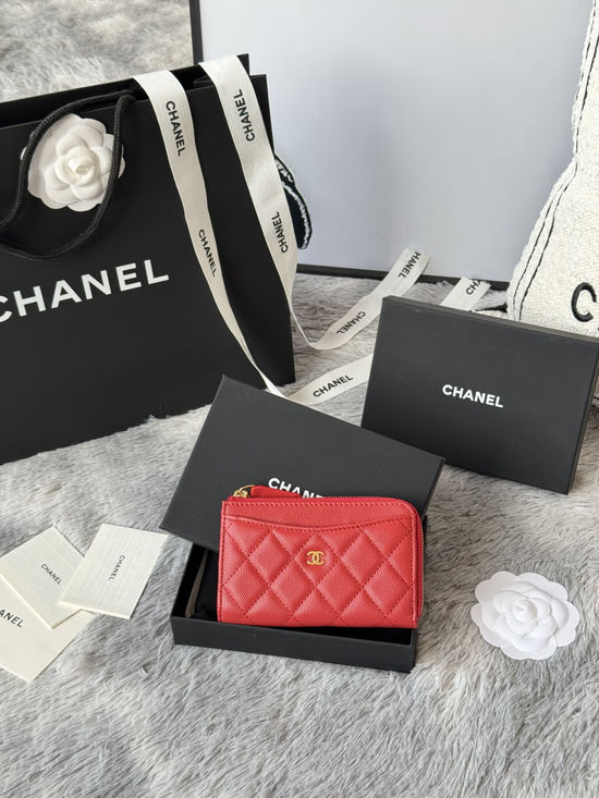 Chanel Wallet Caviar Leather Single Zip Card Holder A3179