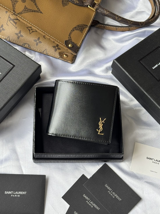 Yves Saint Laurent Monogram Leather Wallet with Metal Logo 607727