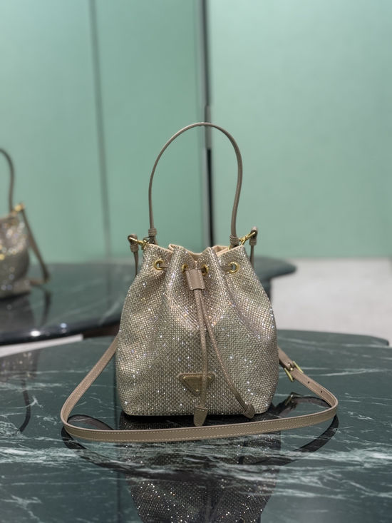 Prada Bucket Bag Crystal Satin Enamel Metal Logo 1BE067