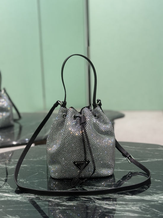 Prada Bucket Bag Crystal Satin Enamel Metal Logo 1BE067