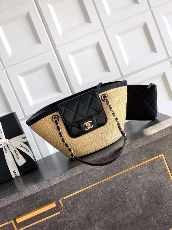 Chanel Raffia Leather Woven Basket Bag AS5951