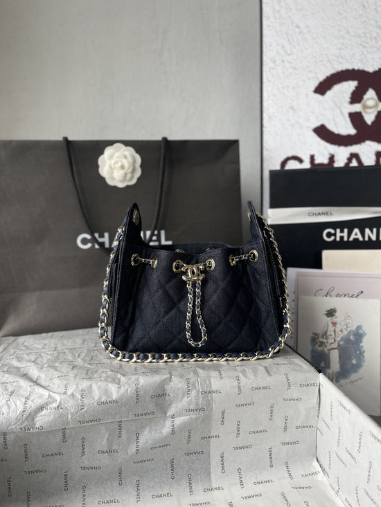 Chanel Hobo Quilted Denim Drawstring Bucket Bag AS5631