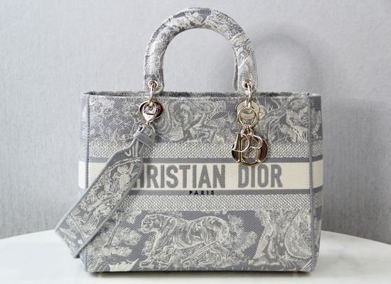 Christian Dior Lady D-Lite Gray Reversed Embroidery Bag 6607