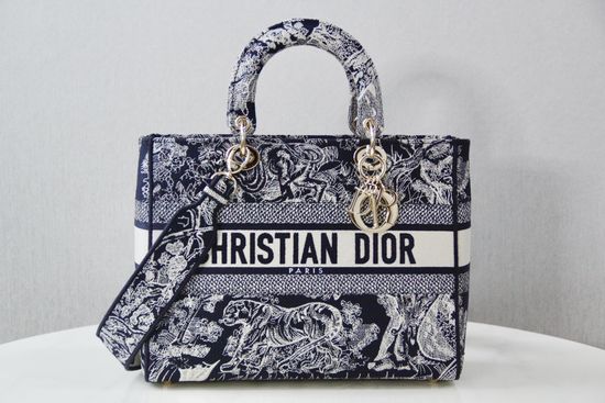Christian Dior Lady D-Lite Blue Reversed Embroidery Bag 6607