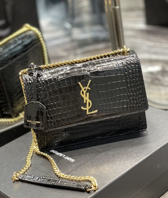 Yves Saint Laurent YSL Sunset Crocodile Pattern Black Gold Buckle 422906