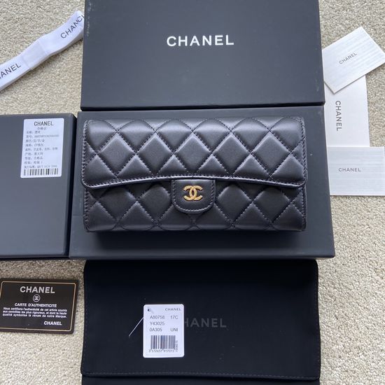 Chanel Wallet Lambskin Black Gold A80758