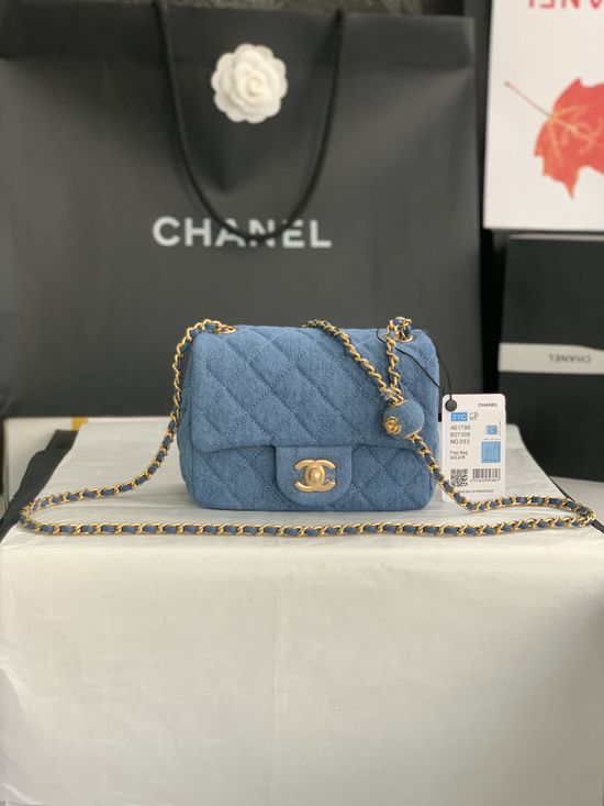 Chanel CF Denim Bag Gold Bead Adjustable AS1786