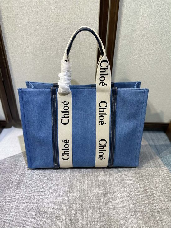 Chloe Woody Tote Bag Denim Large 6044
