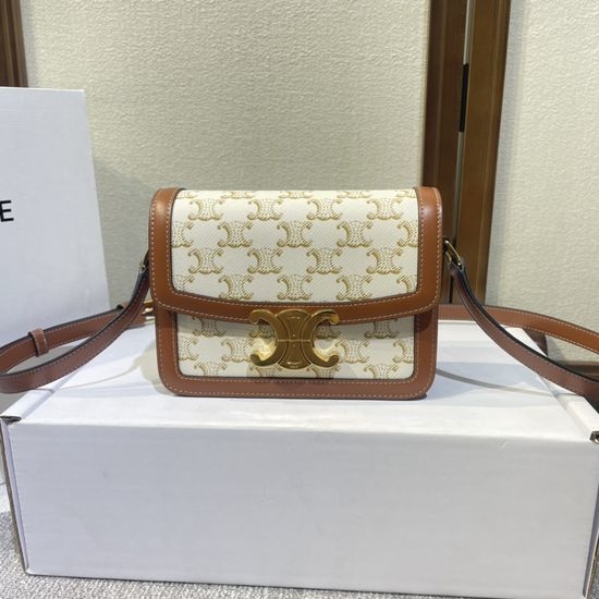 Celine TRIOMPHE Small Canvas and Calfskin Bag with Turnlock Closure Gold-Tone Hardware Crossbody Adjustable Strap 188882
