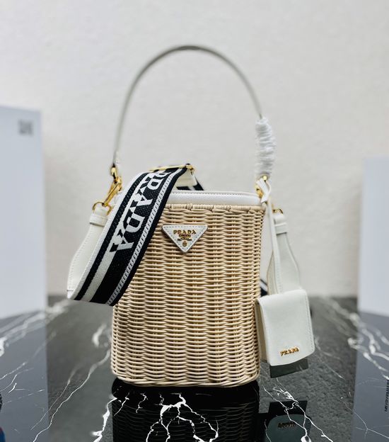 Prada Wicker Canvas Bucket Bag 1BE062