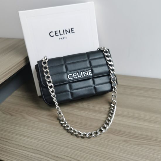 Celine Lambskin Chain Shoulder Bag 111273 Black Silver