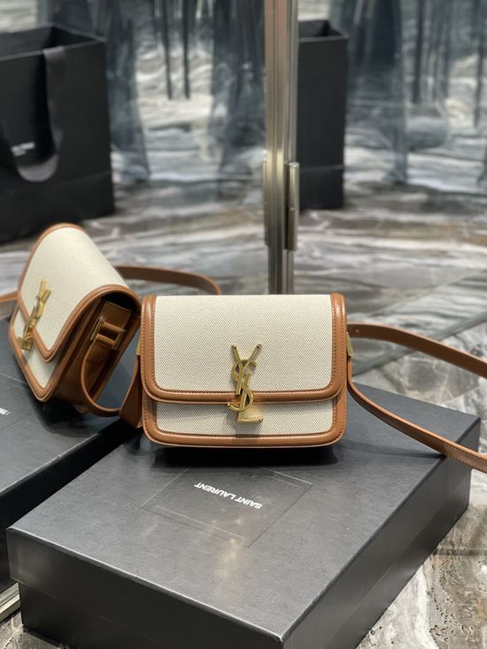Yves Saint Laurent Solferino Brown Linen Trim Bag 634306