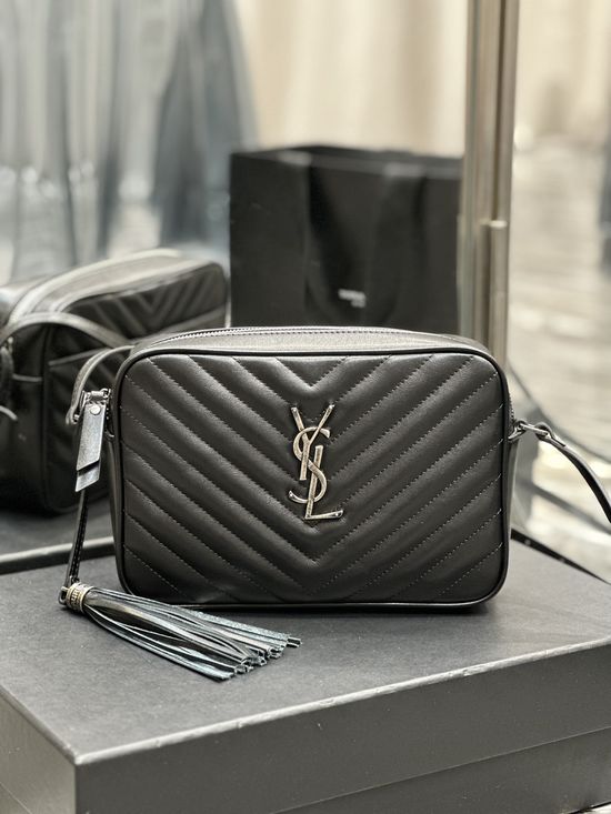 Yves Saint Laurent Lou Camera Bag Black Silver Buckle 520534-1
