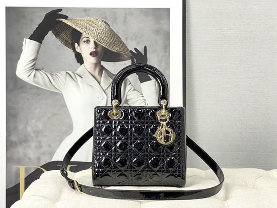 Christian Dior Lady Christian Dior Medium Handbag Black Gold Buckle 6605
