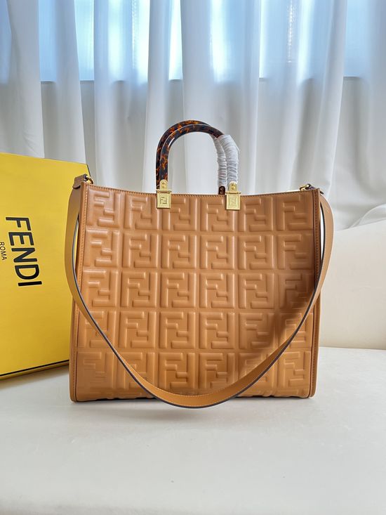 Fendi Sunshine Shopper Tote Brown Embossed Leather 877
