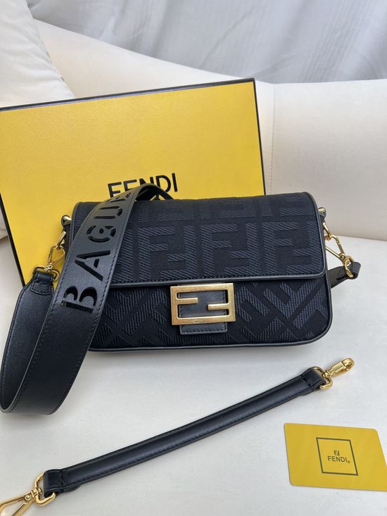Fendi Baguette Black Canvas Embroidered Shoulder Bag 5015