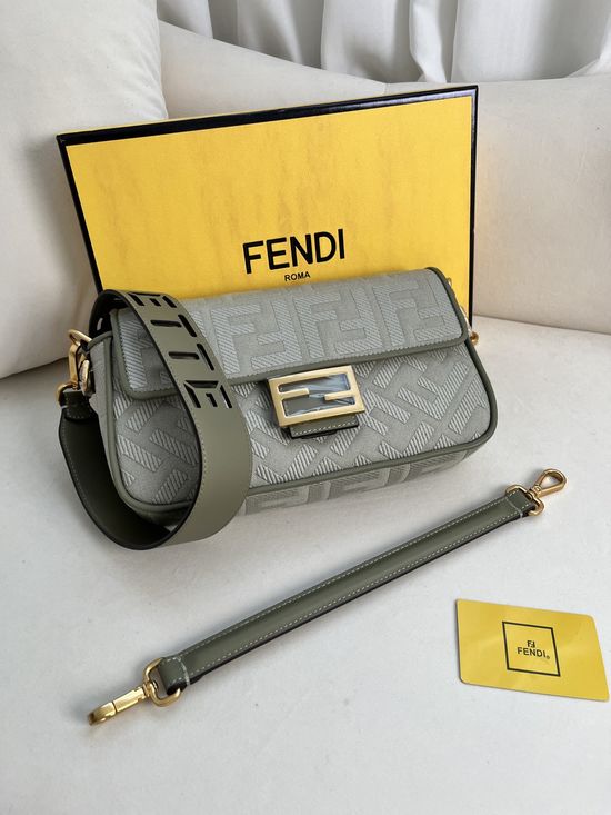 Fendi Baguette Green Canvas Embroidered Shoulder Bag 5015