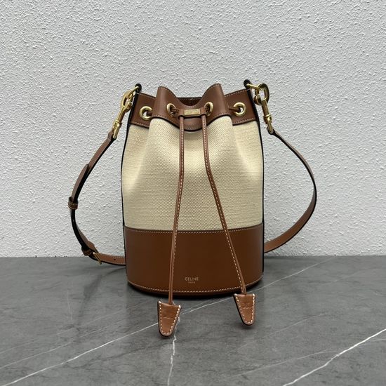 Celine Drawstring Bucket Bag Linen Leather 113082
