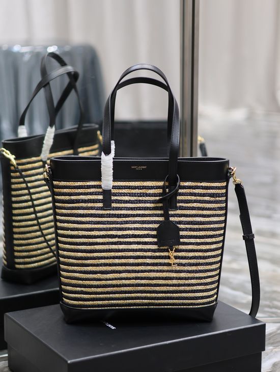 Yves Saint Laurent Striped Raffia Woven Shopping Tote Bag 600307