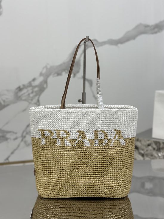 Prada Raffia Tote Bag Hand-Woven Two-Tone 1BG454