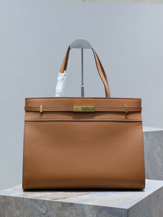 Yves Saint Laurent Manhattan Shopping Bag in Caramel with Black Gold Box Leather 553745