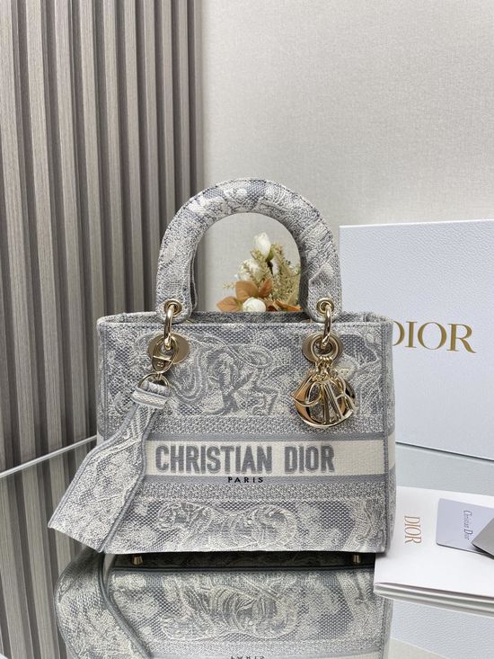 Christian Dior Lady Christian Dior New Grey Tiger Embroidery Bag 11695
