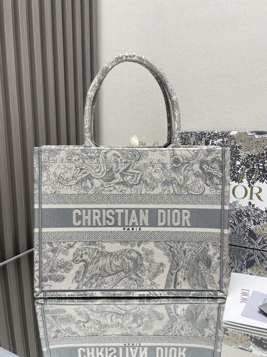 Christian Dior Embroidery Tote Bag Grey Tiger Print