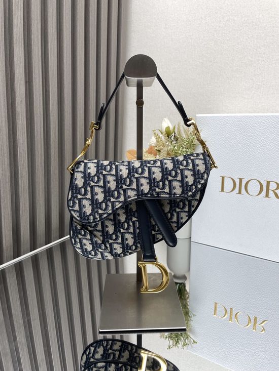 Christian Dior Saddle Bag Small Blue Canvas Leather 0929