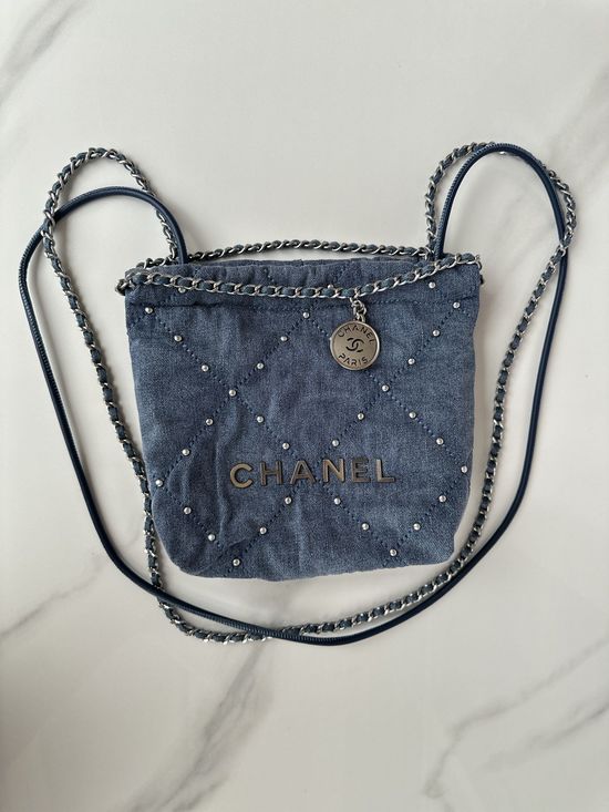 Chanel Studded Denim Leather Handbag AS3980