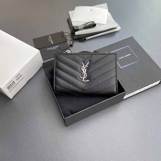 Yves Saint Laurent Matelasse Zip Bifold Wallet Silver Hardware 668287